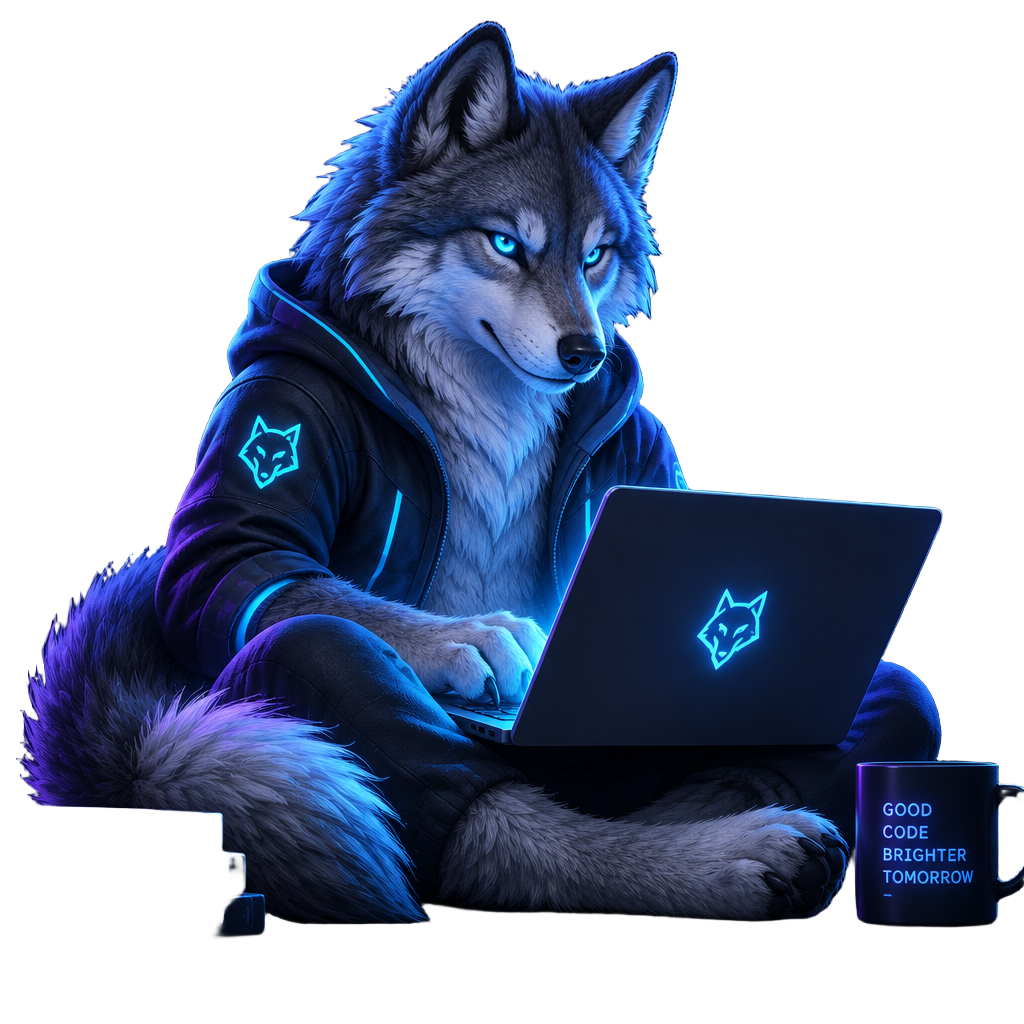 The CodeGrowly wolf mascot sitting with a laptop